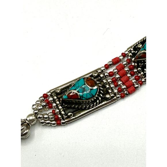 Turquoise & Coral Bracelet & Earring Set – Tibetan Silver – Boho Jewelry - Picture 3 of 6